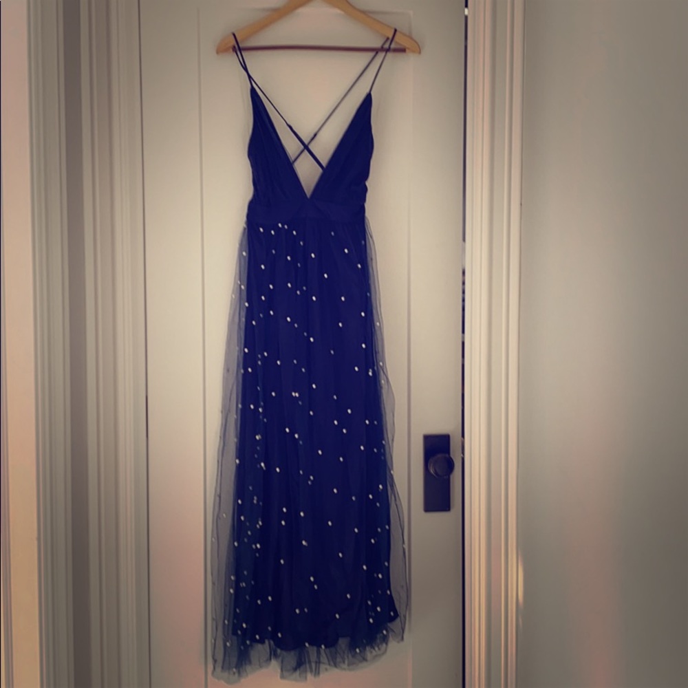 Navy Blue Pearl and Chiffon Evening Gown